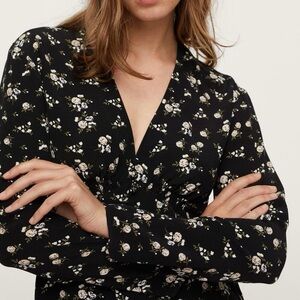 Mango Black Floral Long Sleeve Blouse – US 2